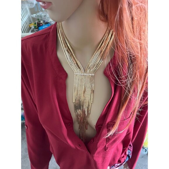 Long necklace gold set fringe bold chain bib tassel & earring statement - Picture 9 of 10